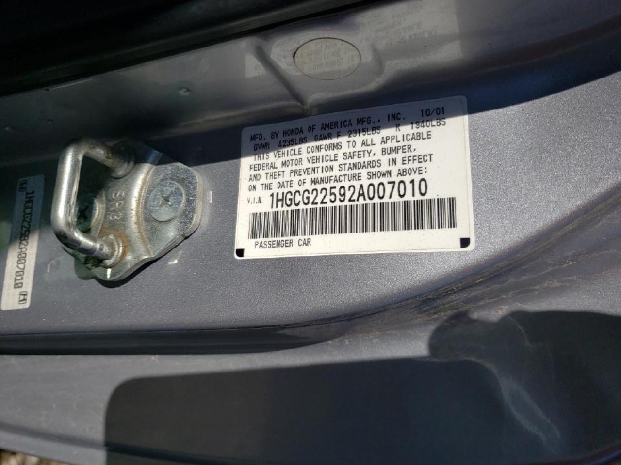 Photo 10 from auction – 2002 HONDA ACCORD EX with VIN 1HGCG22592A007010