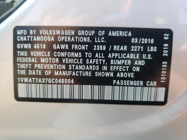 Photo 10 from auction – 2016 VOLKSWAGEN PASSAT S with VIN 1VWAT7A37GC045004