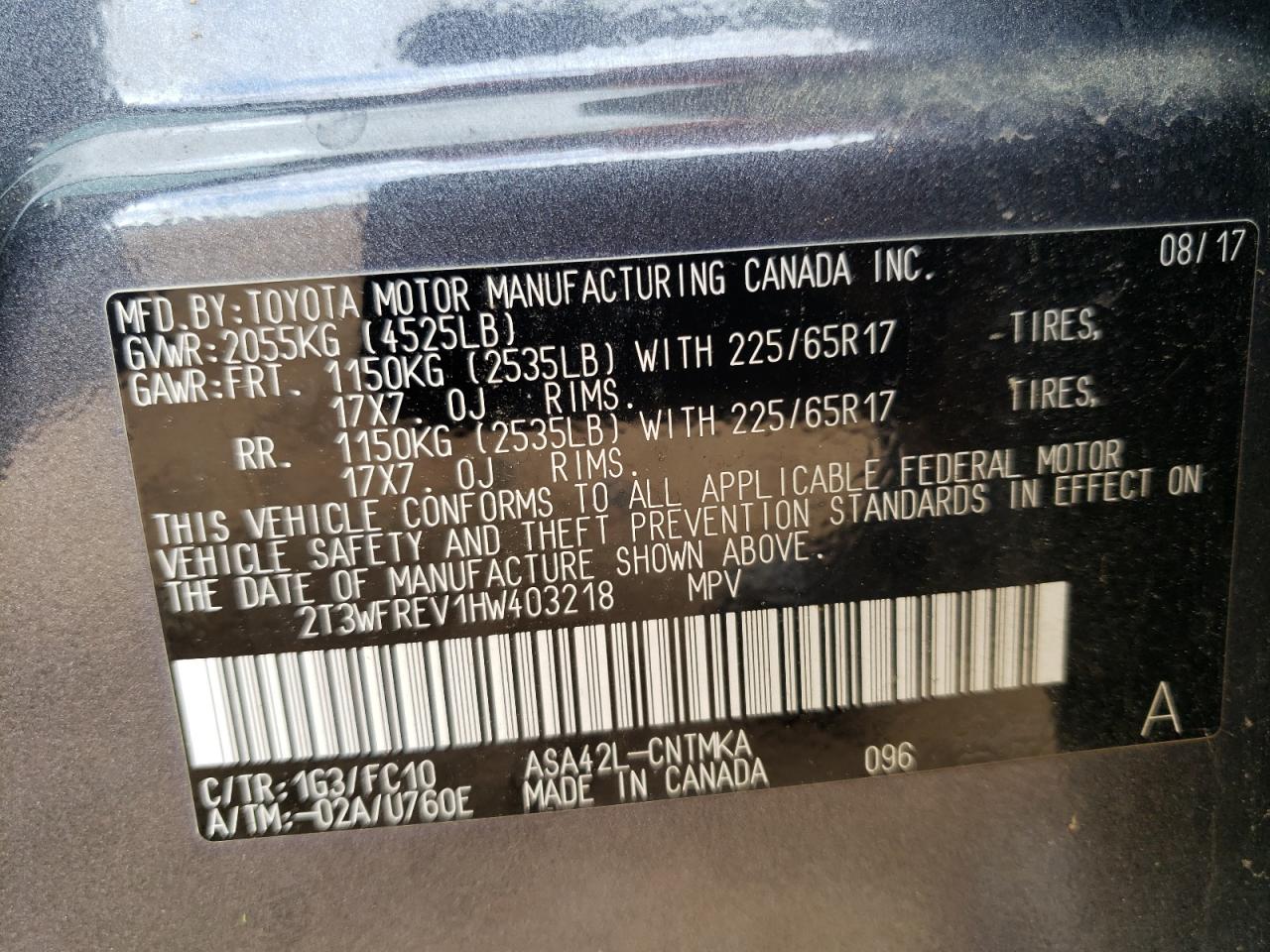 Photo 10 from auction – 2017 TOYOTA RAV4 XLE with VIN 2T3WFREV1HW403218