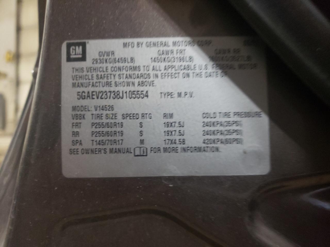 Photo 10 from auction – 2008 BUICK ENCLAVE CX with VIN 5GAEV23738J105554