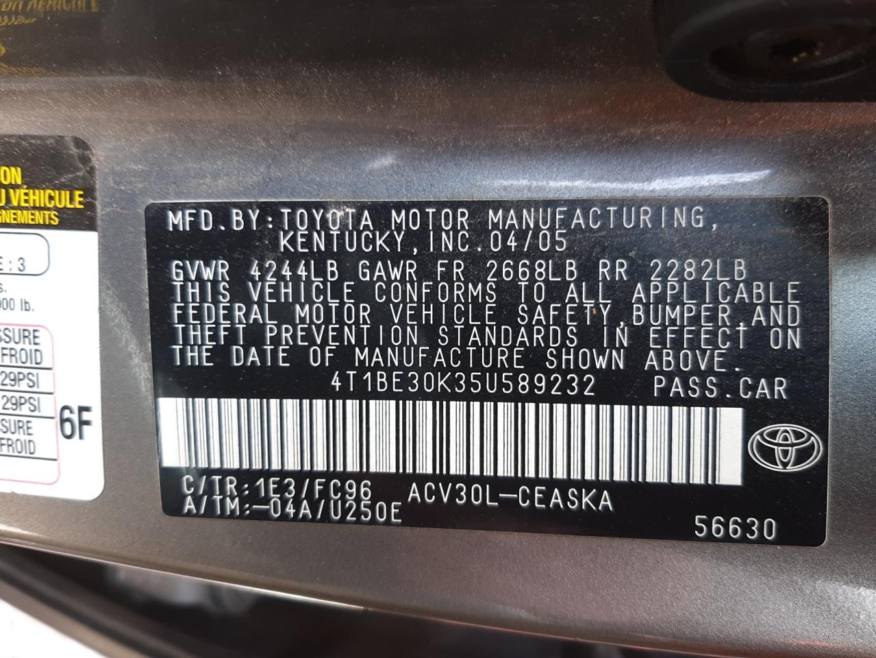 Photo 10 from auction – 2005 TOYOTA CAMRY LE with VIN 4T1BE30K35U589232