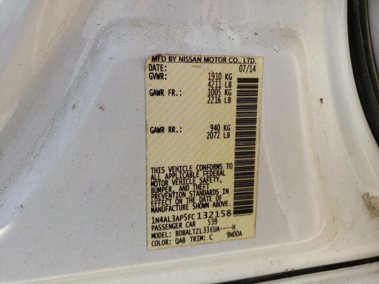 Photo 10 from auction – 2015 NISSAN ALTIMA 2.5 with VIN 1N4AL3AP5FC132158