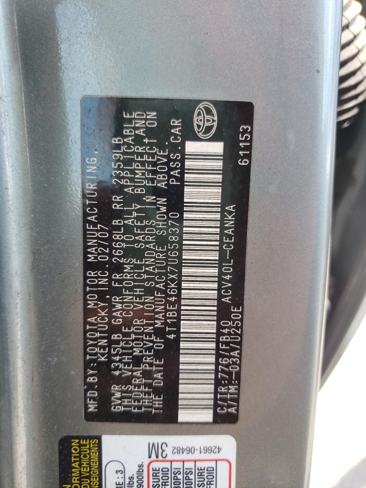Photo 10 from auction – 2007 TOYOTA CAMRY CE with VIN 4T1BE46KX7U658370
