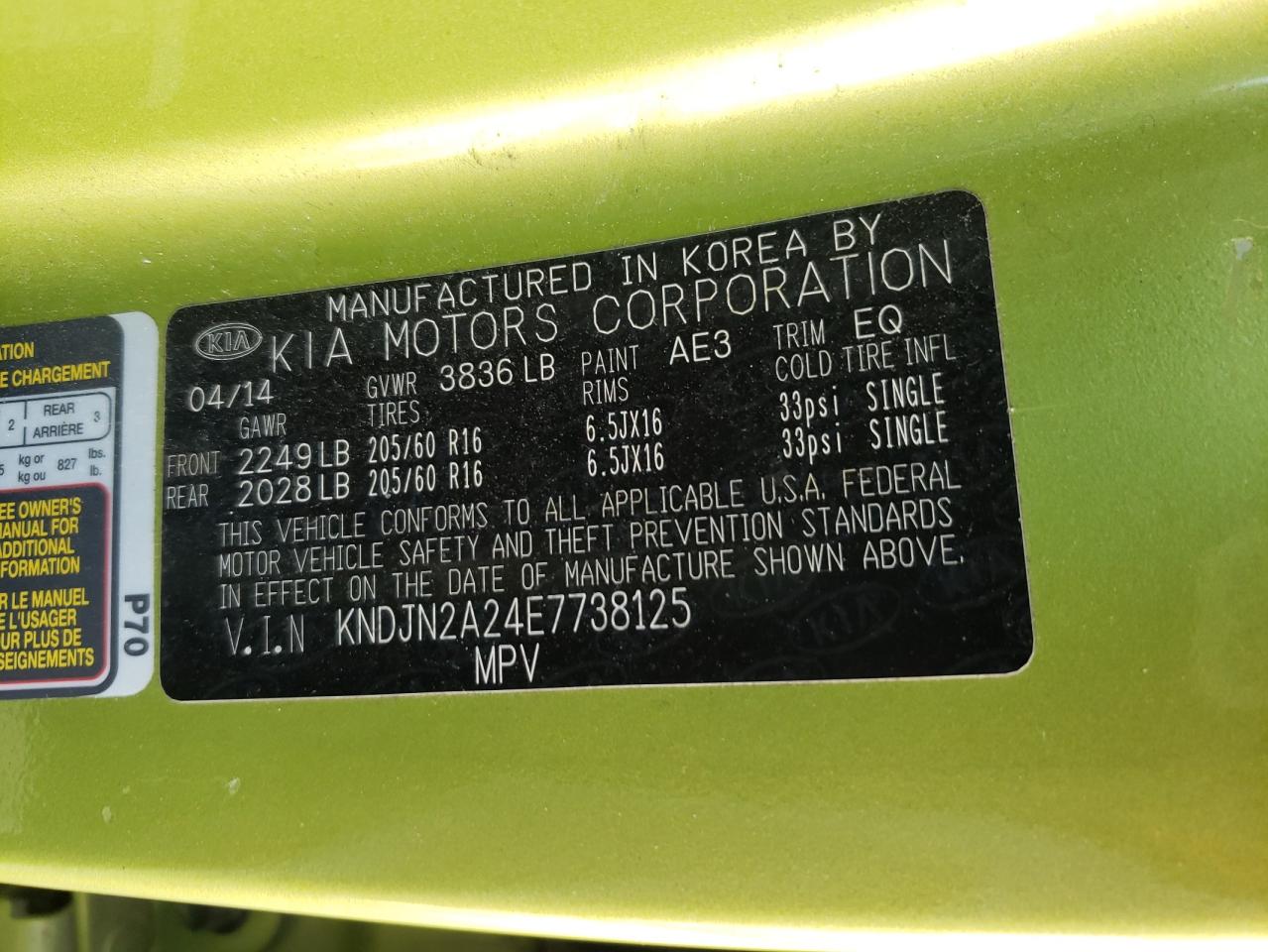 Photo 10 from auction – 2014 KIA SOUL with VIN KNDJN2A24E7738125