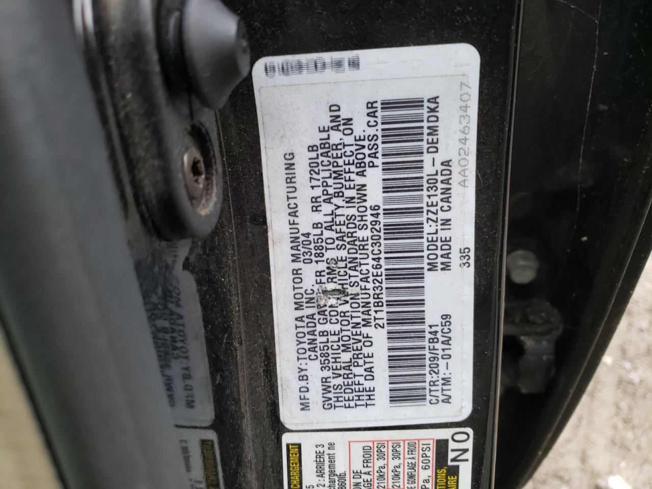 Photo 10 from auction – 2004 TOYOTA COROLLA CE with VIN 2T1BR32E64C302946