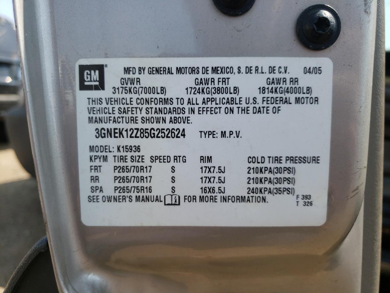 Photo 10 from auction – 2005 CHEVROLET AVALANCHE with VIN 3GNEK12Z85G252624
