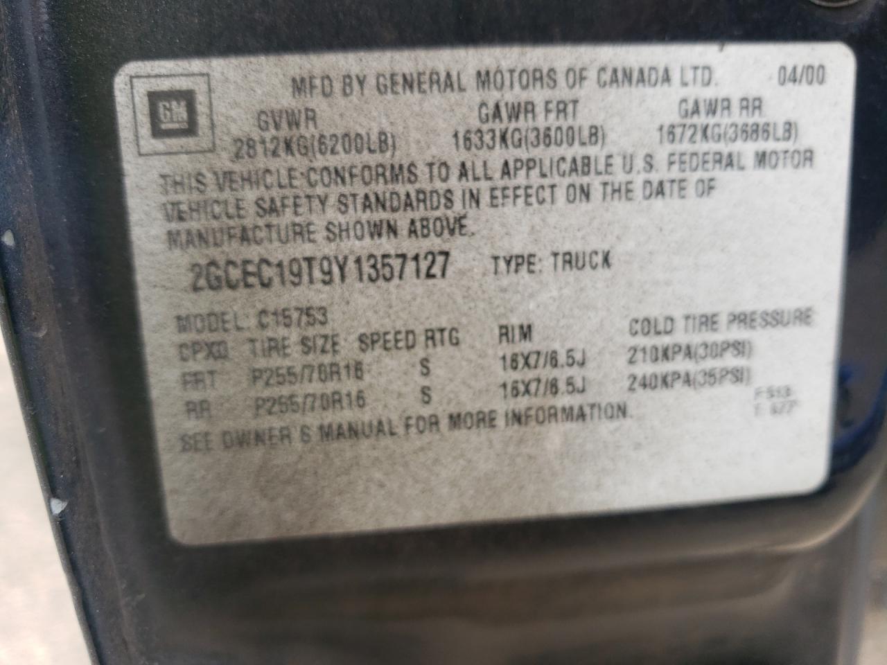 Photo 10 from auction – 2000 CHEVROLET SILVERADO with VIN 2GCEC19T9Y1357127