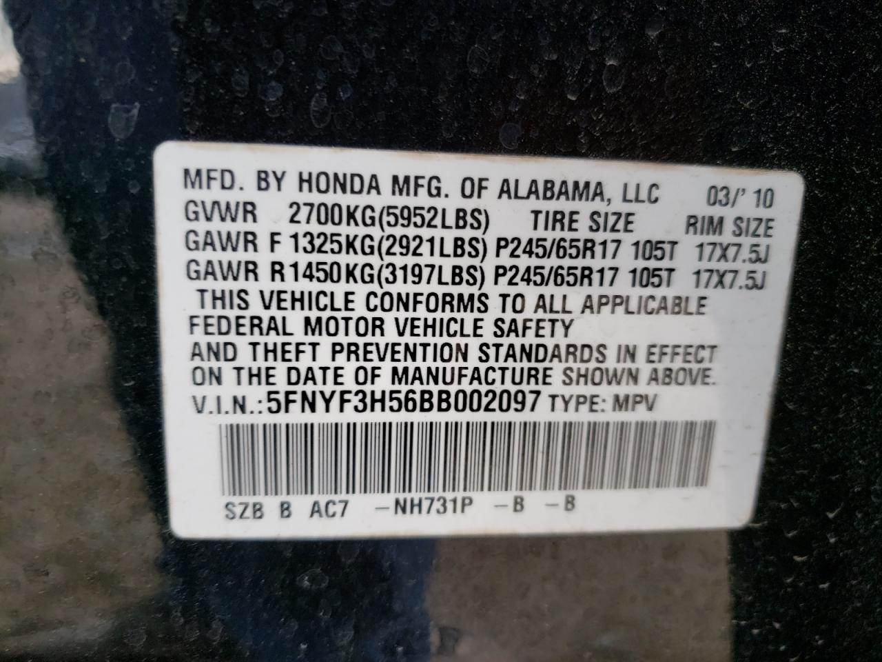 Photo 10 from auction – 2011 HONDA PILOT EXL with VIN 5FNYF3H56BB002097