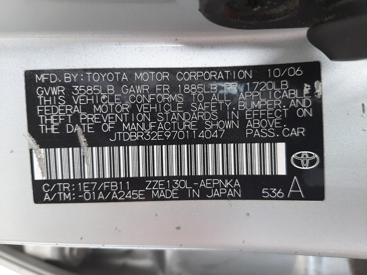 Photo 10 from auction – 2007 TOYOTA COROLLA CE with VIN JTDBR32E970114047
