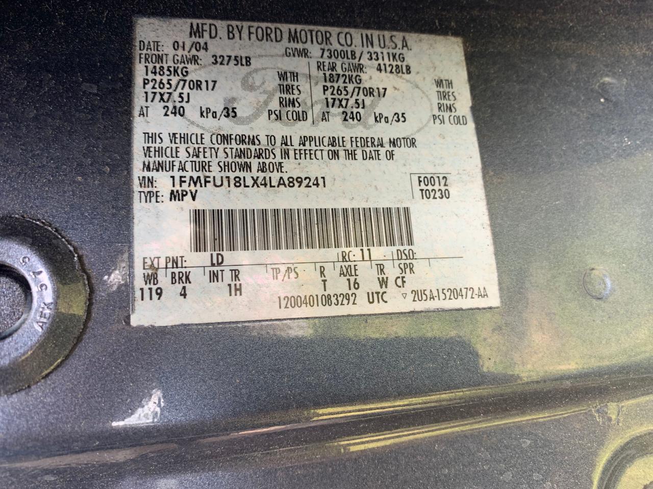 Photo 10 from auction – 2004 FORD EXPEDITION with VIN 1FMFU18LX4LA89241
