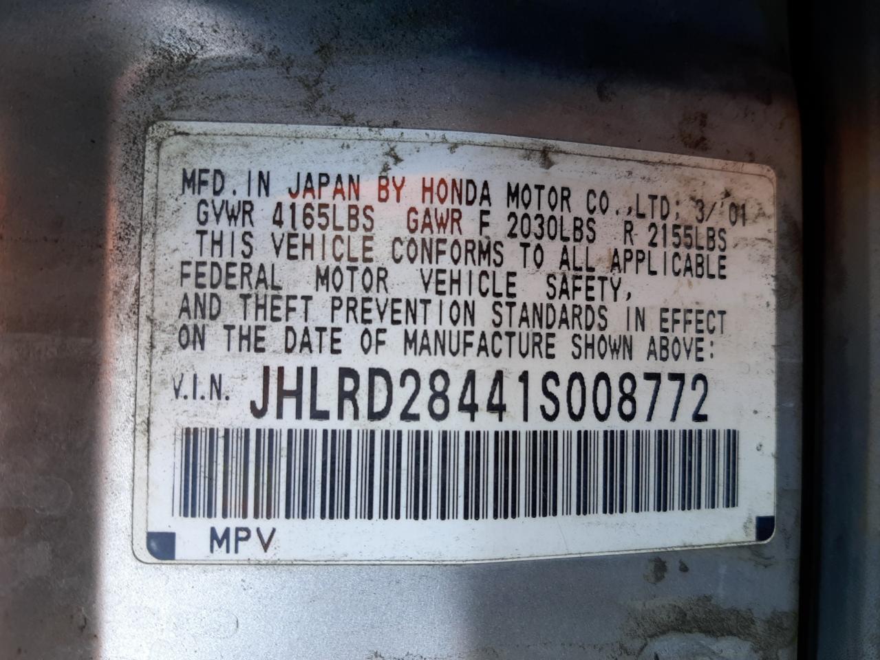 Photo 10 from auction – 2001 HONDA CR-V LX with VIN JHLRD28441S008772