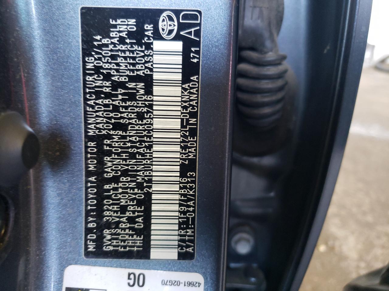 Photo 10 from auction – 2014 TOYOTA COROLLA L with VIN 2T1BURHE1EC095716