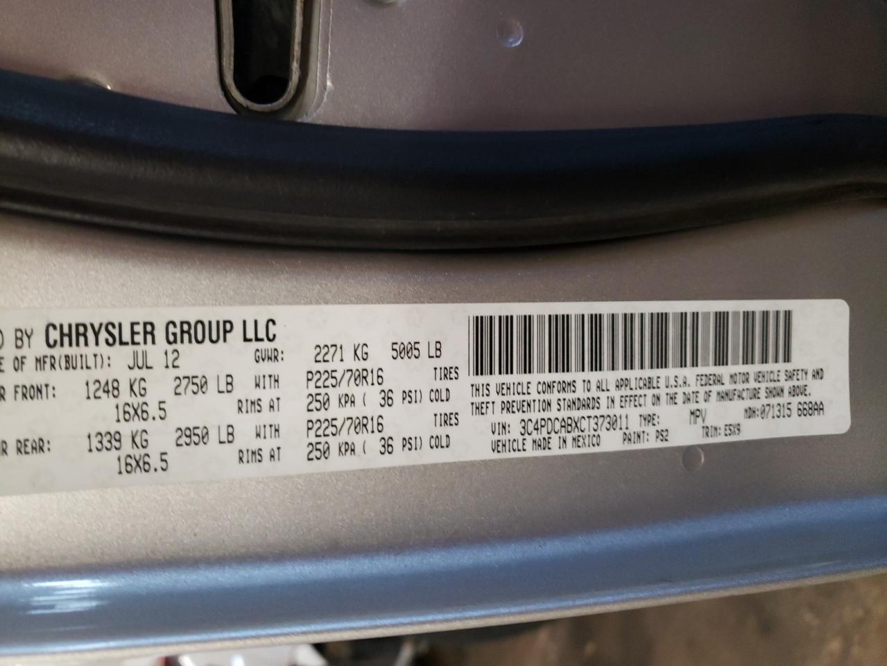 Photo 10 from auction – 2012 DODGE JOURNEY SE with VIN 3C4PDCABXCT373011