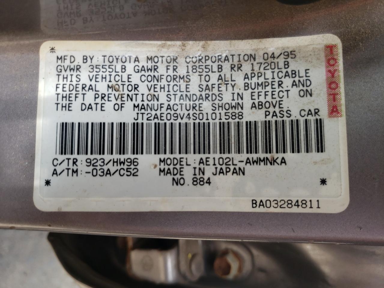 Photo 10 from auction – 1995 TOYOTA COROLLA BA with VIN JT2AE09V4S0101588