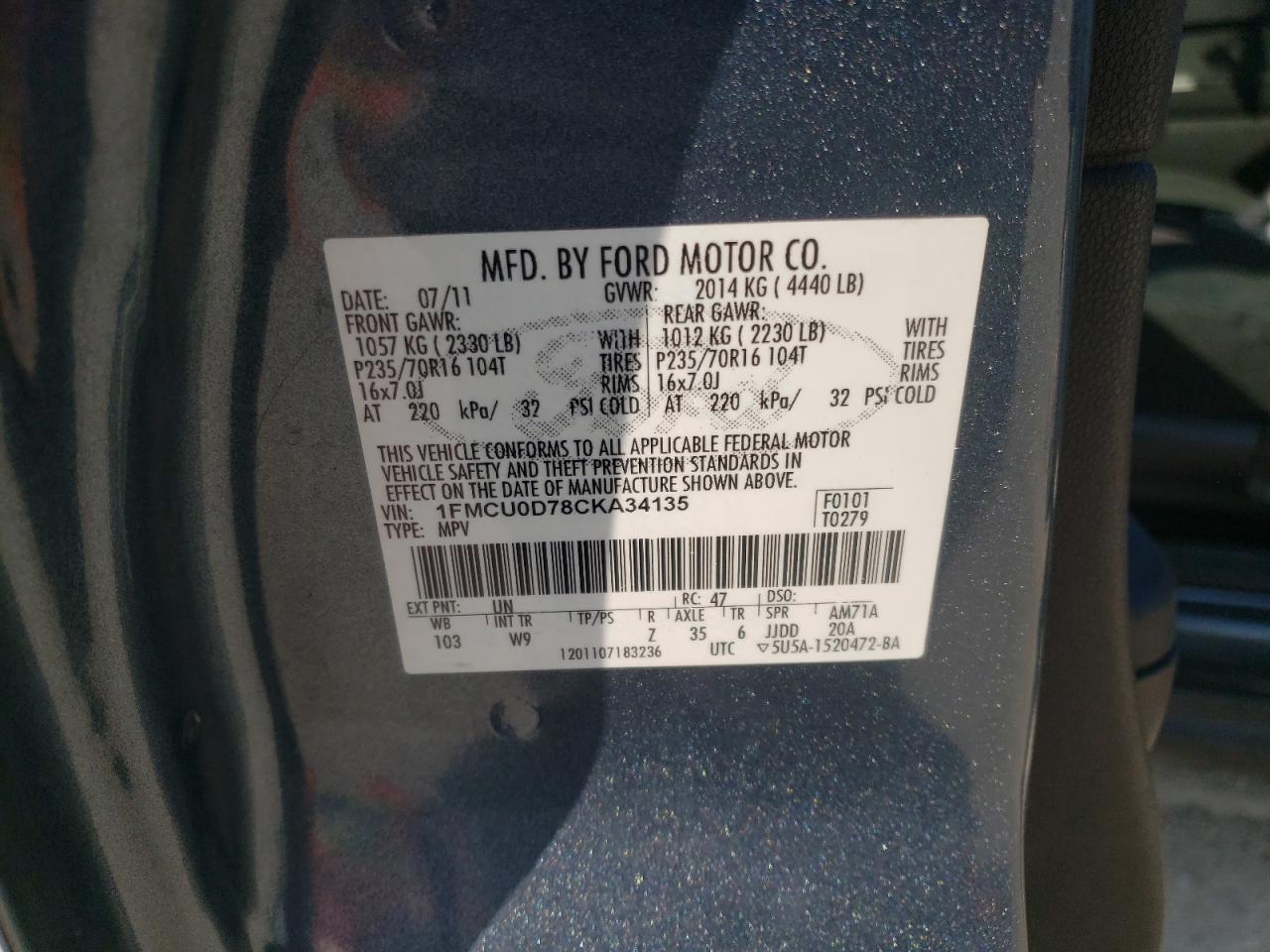 Photo 10 from auction – 2012 FORD ESCAPE XLT with VIN 1FMCU0D78CKA34135