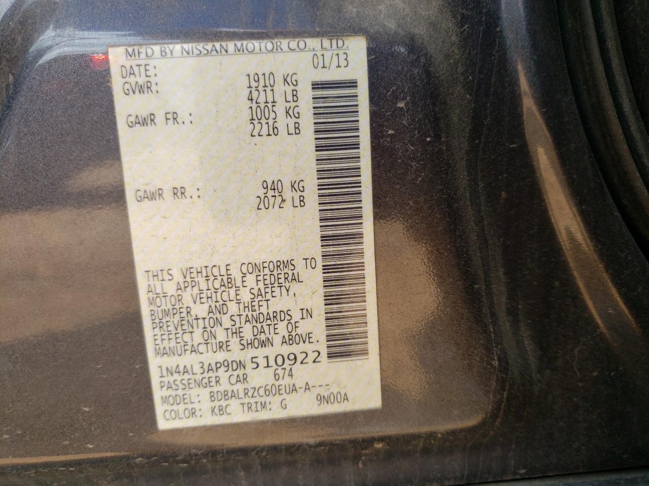 Photo 10 from auction – 2013 NISSAN ALTIMA 2.5 with VIN 1N4AL3AP9DN510922