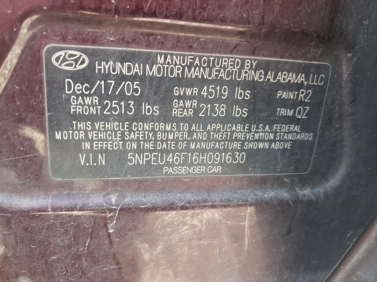 Photo 10 from auction – 2006 HYUNDAI SONATA GLS with VIN 5NPEU46F16H091630