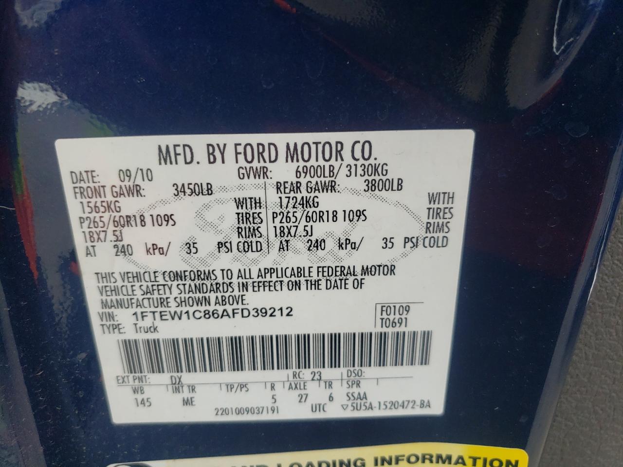 Photo 10 from auction – 2010 FORD F150 SUPER with VIN 1FTEW1C86AFD39212