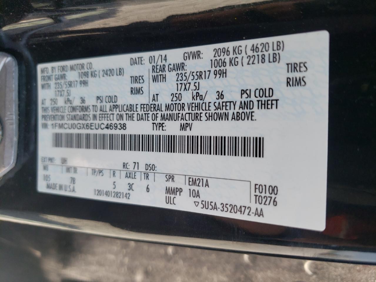 Photo 10 from auction – 2014 FORD ESCAPE SE with VIN 1FMCU0GX6EUC46938