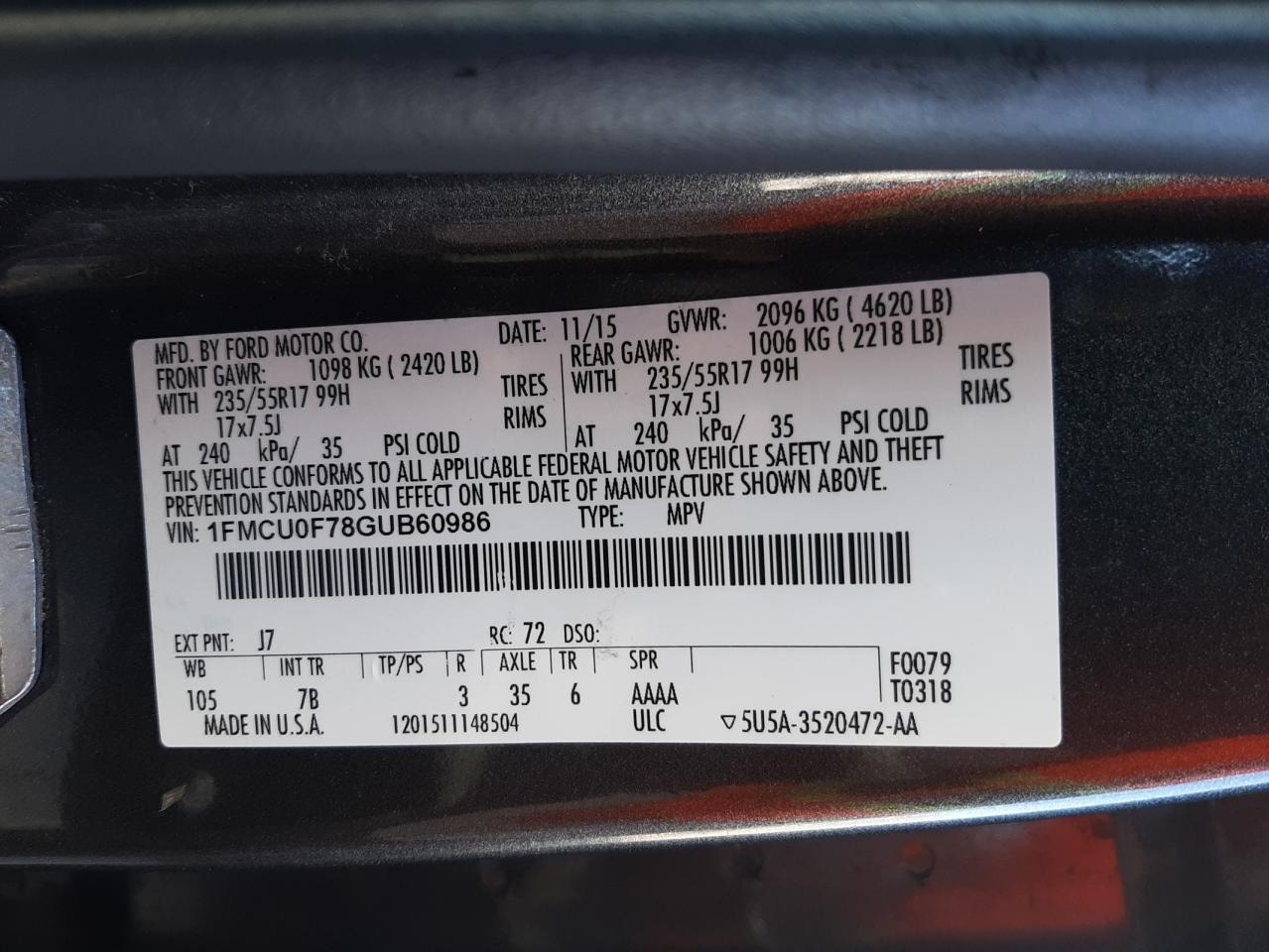 Photo 10 from auction – 2016 FORD ESCAPE S with VIN 1FMCU0F78GUB60986