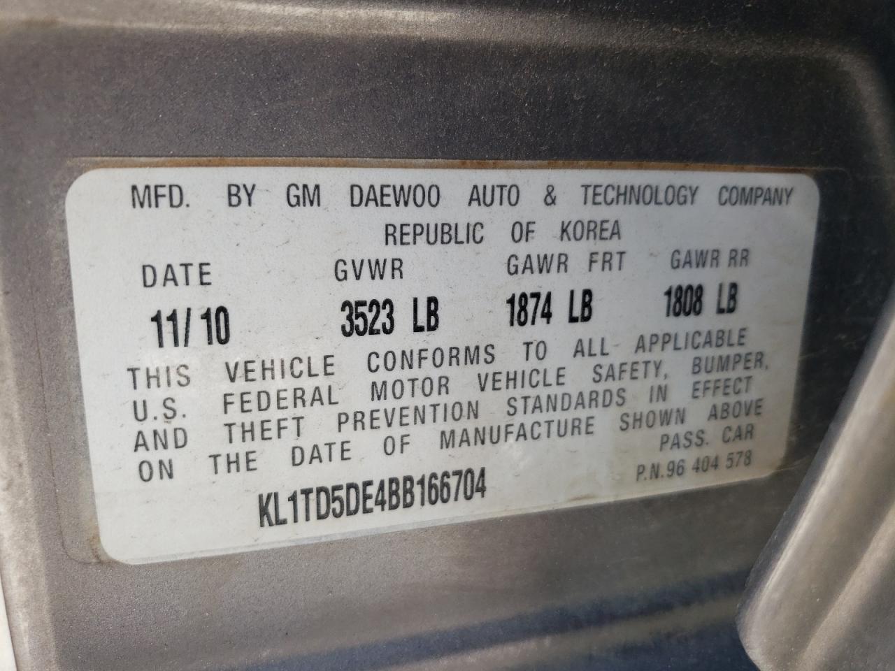 Photo 10 from auction – 2011 CHEVROLET AVEO LS with VIN KL1TD5DE4BB166704