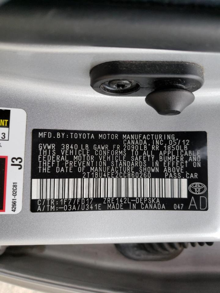 Photo 10 from auction – 2012 TOYOTA COROLLA BA with VIN 2T1BU4EE2CC860260