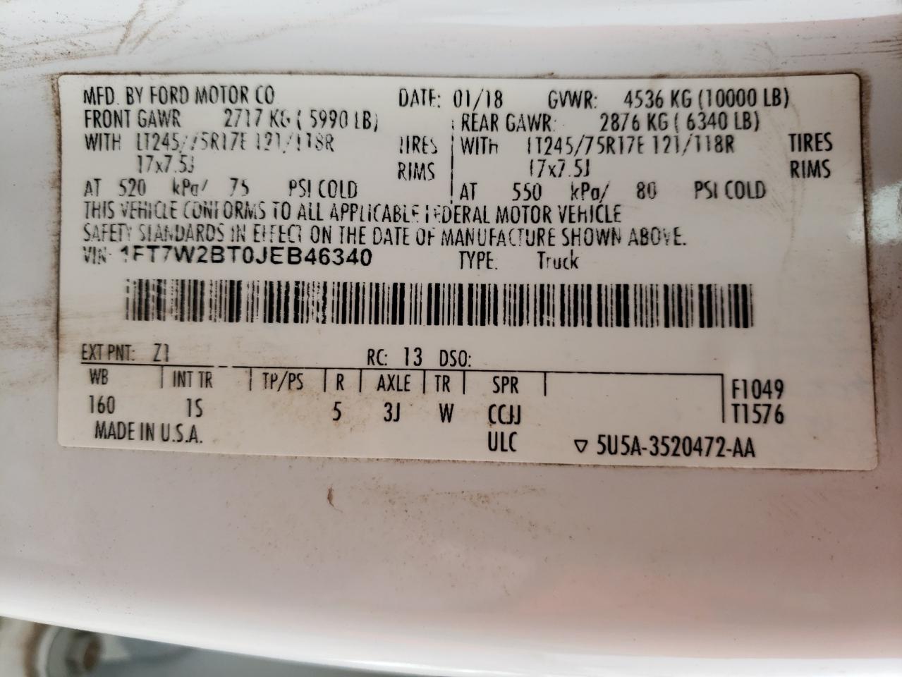 Photo 10 from auction – 2018 FORD F250 SUPER with VIN 1FT7W2BT0JEB46340