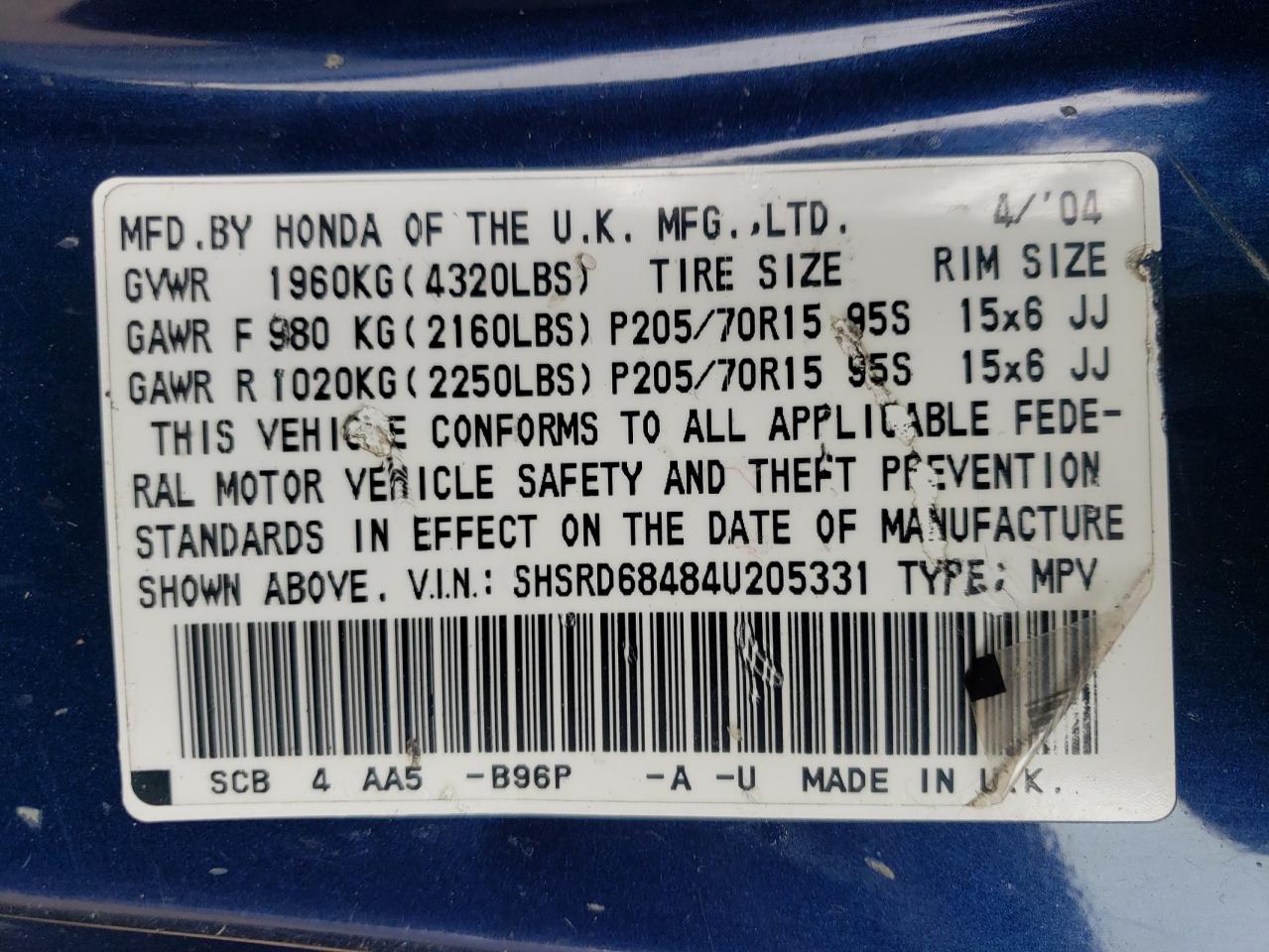 Photo 10 from auction – 2004 HONDA CR-V LX with VIN SHSRD68484U205331