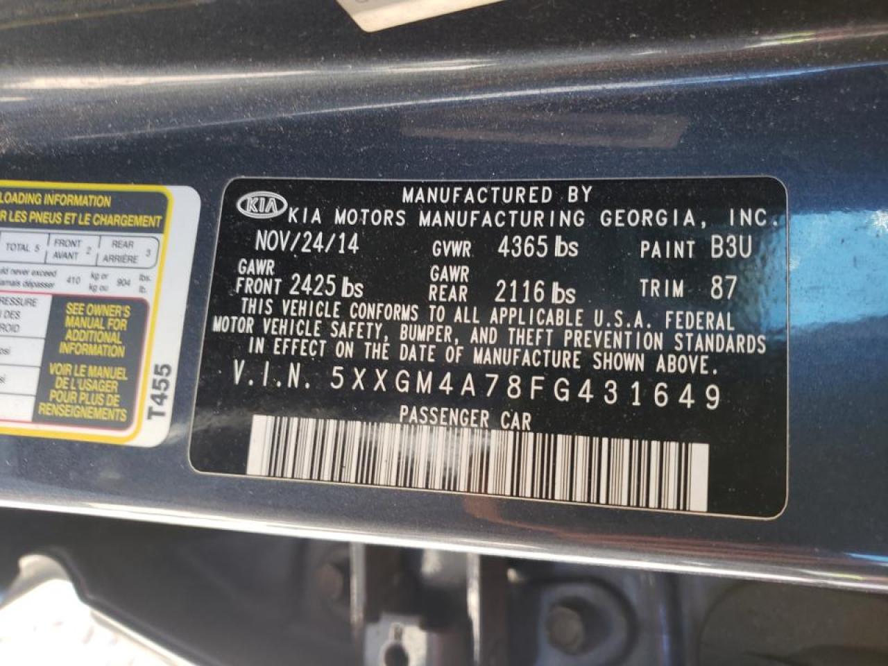Photo 10 from auction – 2015 KIA OPTIMA LX with VIN 5XXGM4A78FG431649