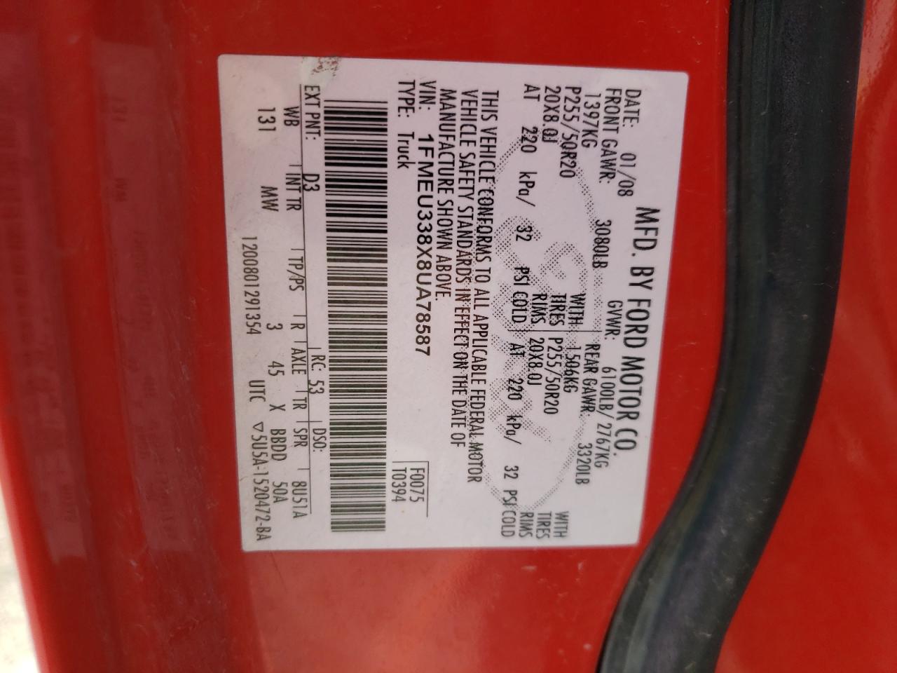 Photo 10 from auction – 2008 FORD EXPLORER S with VIN 1FMEU338X8UA78587