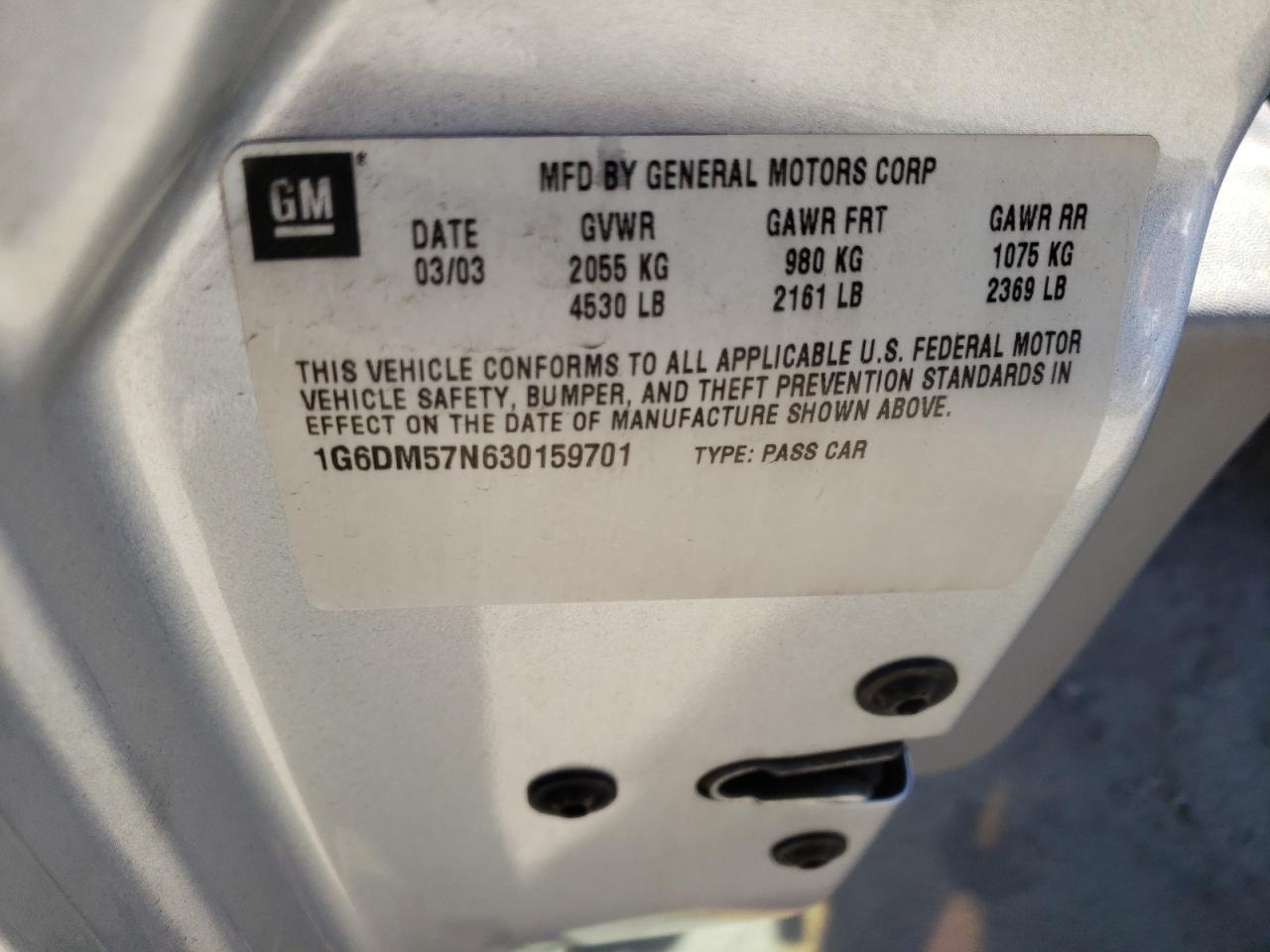Photo 10 from auction – 2003 CADILLAC CTS with VIN 1G6DM57N630159701