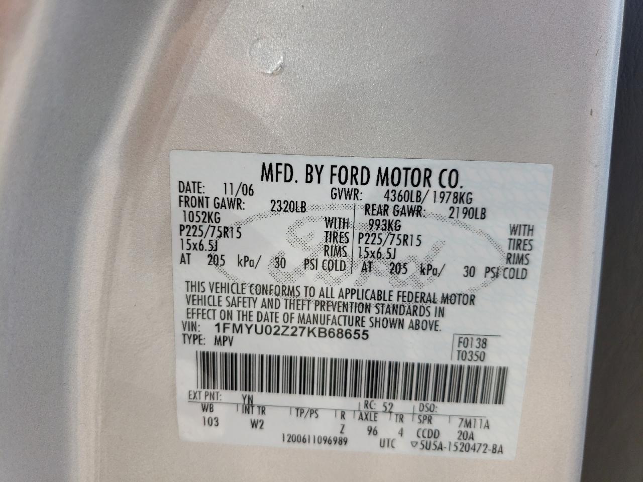 Photo 10 from auction – 2007 FORD ESCAPE XLS with VIN 1FMYU02Z27KB68655