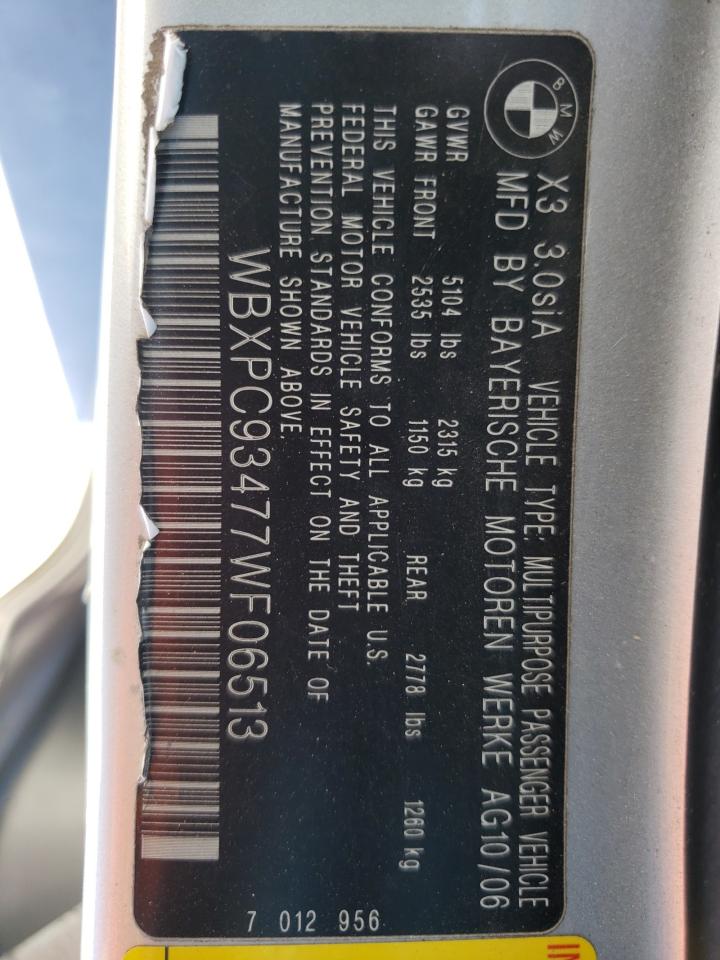 Photo 10 from auction – 2007 BMW X3 3.0SI with VIN WBXPC93477WF06513
