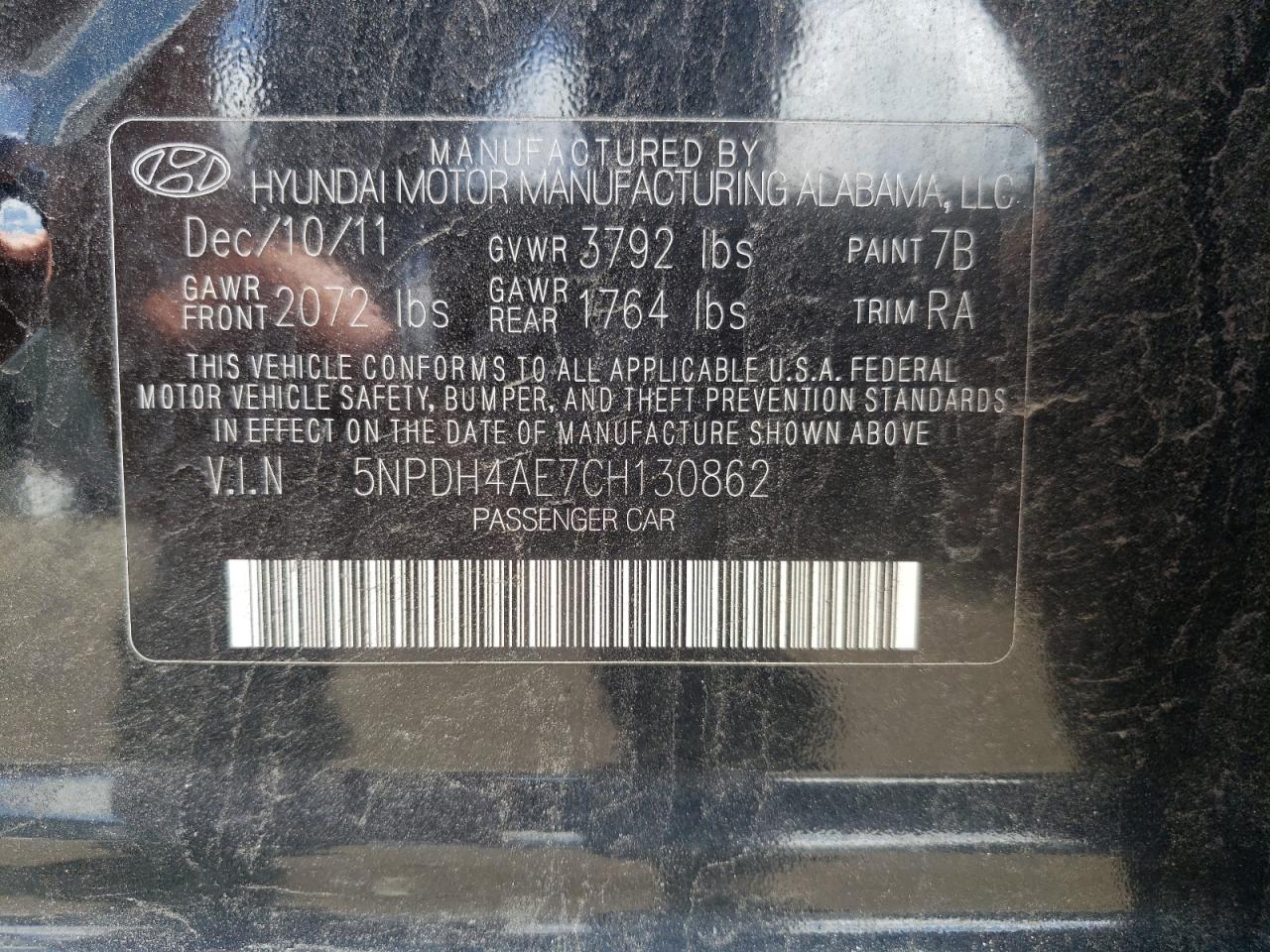 Photo 10 from auction – 2012 HYUNDAI ELANTRA GL with VIN 5NPDH4AE7CH130862