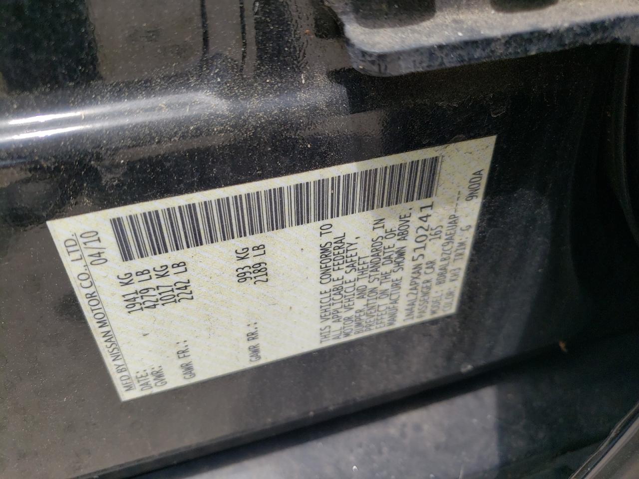 Photo 10 from auction – 2010 NISSAN ALTIMA with VIN 1N4AL2APXAN510241