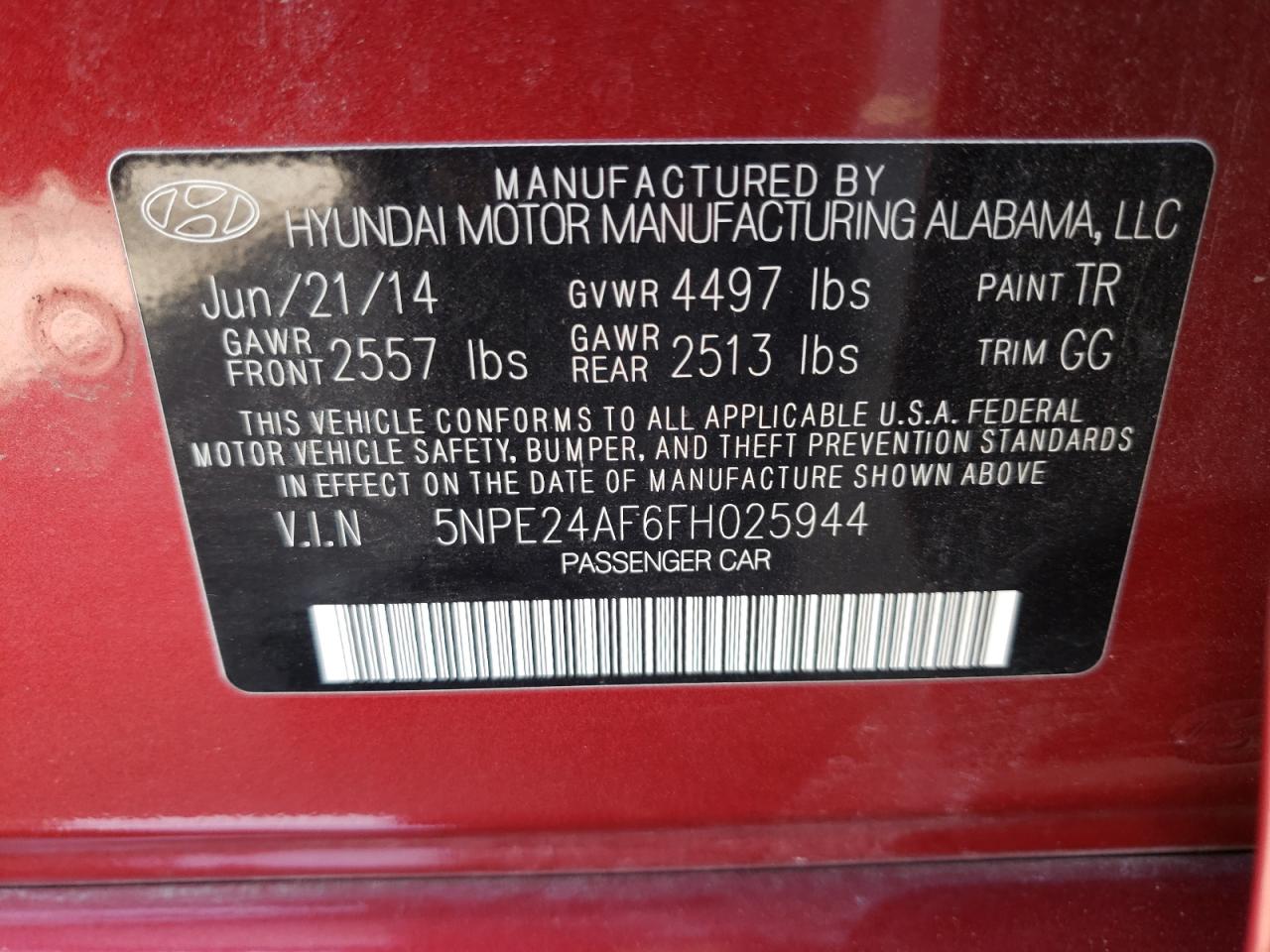 Photo 10 from auction – 2015 HYUNDAI SONATA SE with VIN 5NPE24AF6FH025944