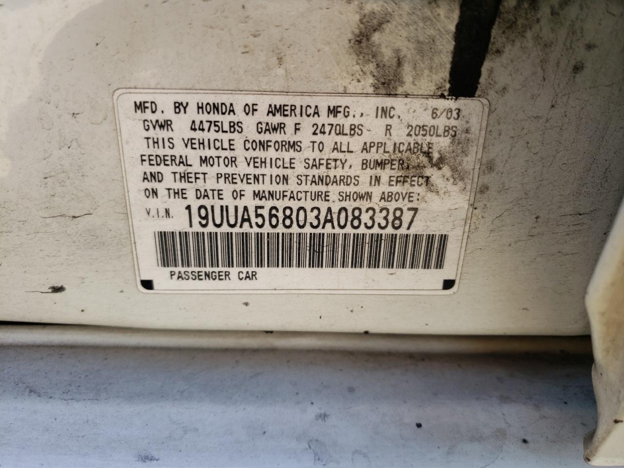 Photo 10 from auction – 2003 ACURA 3.2TL TYPE with VIN 19UUA56803A083387