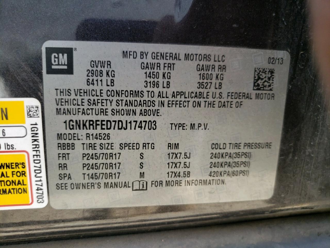 Photo 10 from auction – 2013 CHEVROLET TRAVERSE L with VIN 1GNKRFED7DJ174703