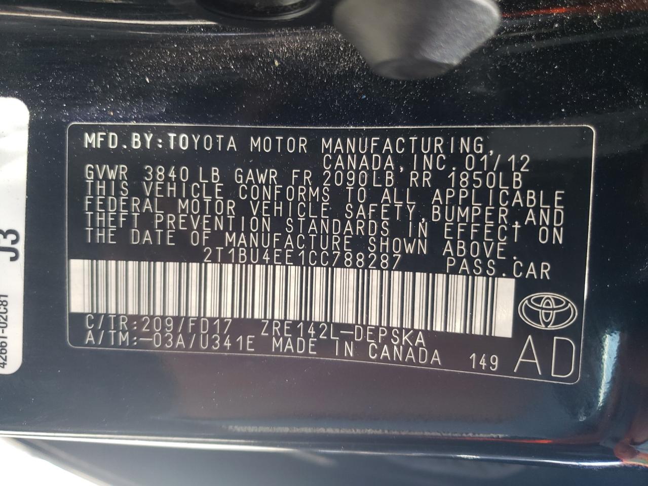 Photo 10 from auction – 2012 TOYOTA COROLLA BA with VIN 2T1BU4EE1CC788287
