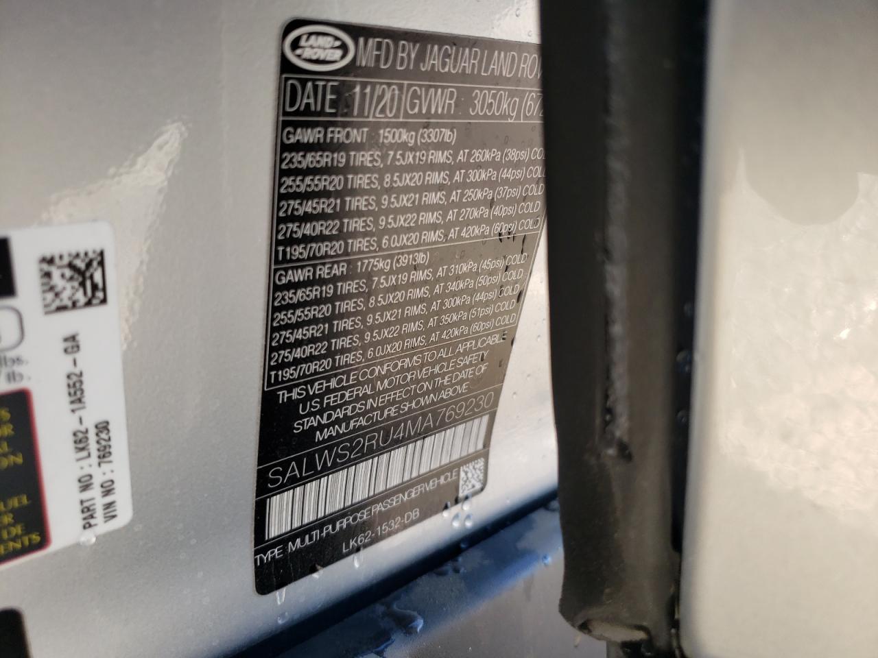 Photo 10 from auction – 2021 LAND ROVER RANGE ROVE with VIN SALWS2RU4MA769230
