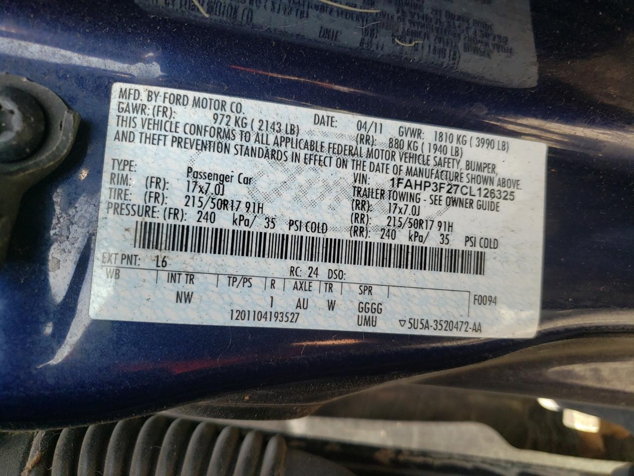 Photo 10 from auction – 2012 FORD FOCUS SE with VIN 1FAHP3F27CL126325