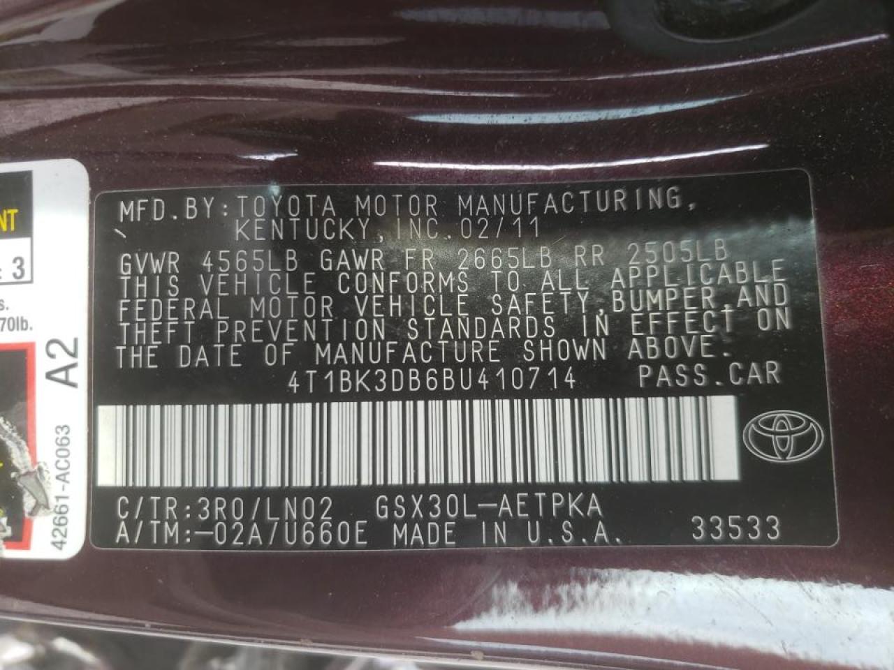 Photo 10 from auction – 2011 TOYOTA AVALON BAS with VIN 4T1BK3DB6BU410714