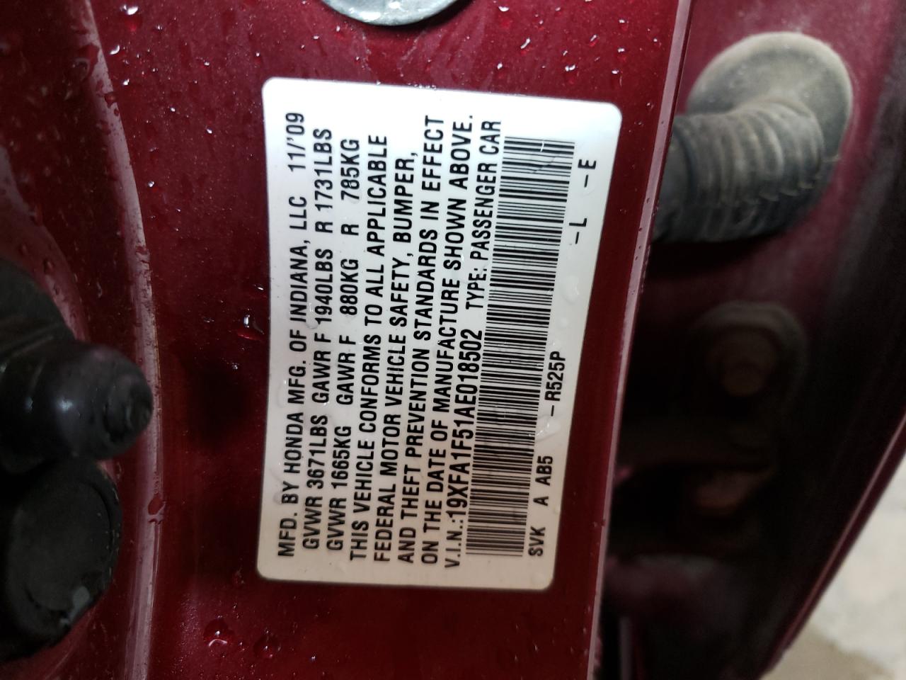 Photo 10 from auction – 2010 HONDA CIVIC LX with VIN 19XFA1F51AE018502
