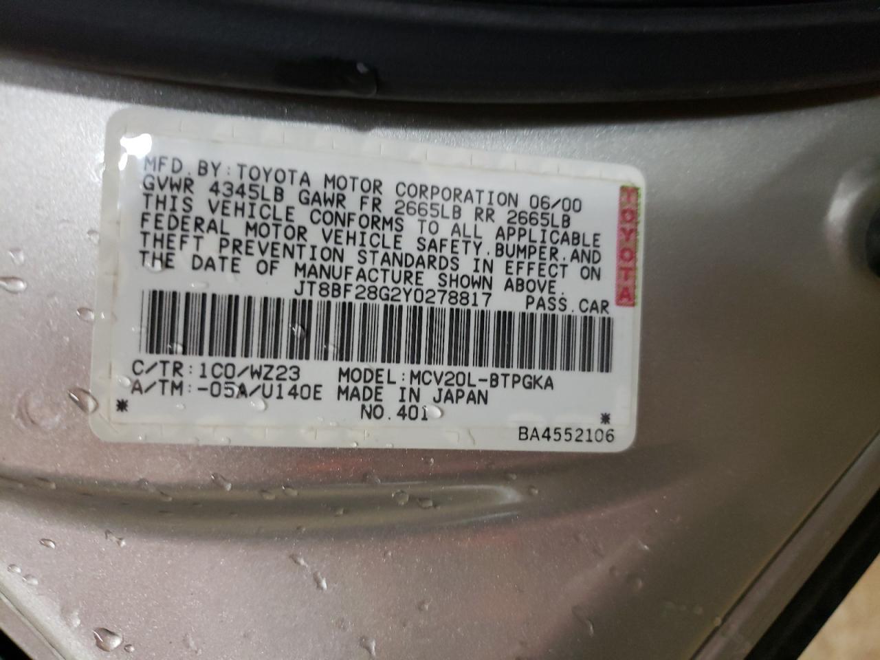 Photo 10 from auction – 2000 LEXUS ES 300 with VIN JT8BF28G2Y0278817