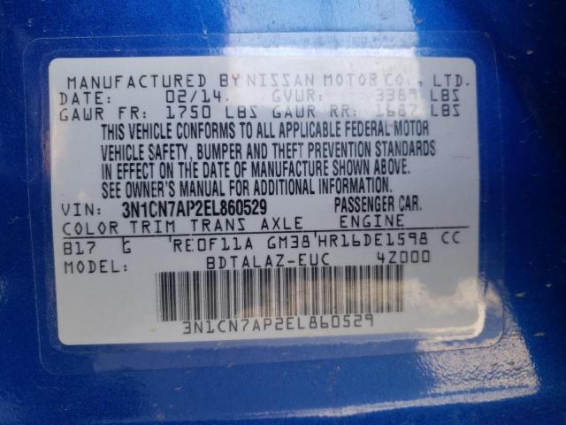 Photo 10 from auction – 2014 NISSAN VERSA S with VIN 3N1CN7AP2EL860529