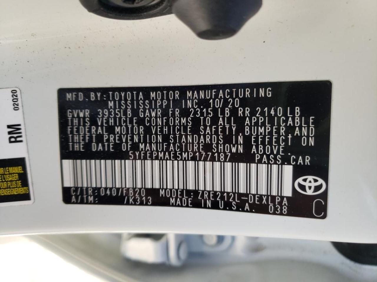 Photo 10 from auction – 2021 TOYOTA COROLLA LE with VIN 5YFEPMAE5MP177187