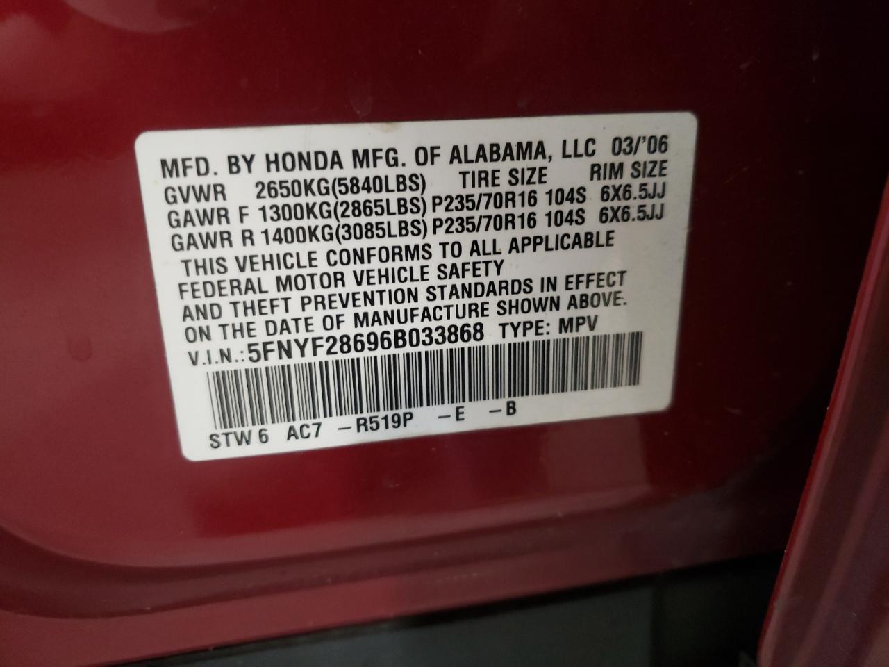 Photo 10 from auction – 2006 HONDA PILOT EX with VIN 5FNYF28696B033868
