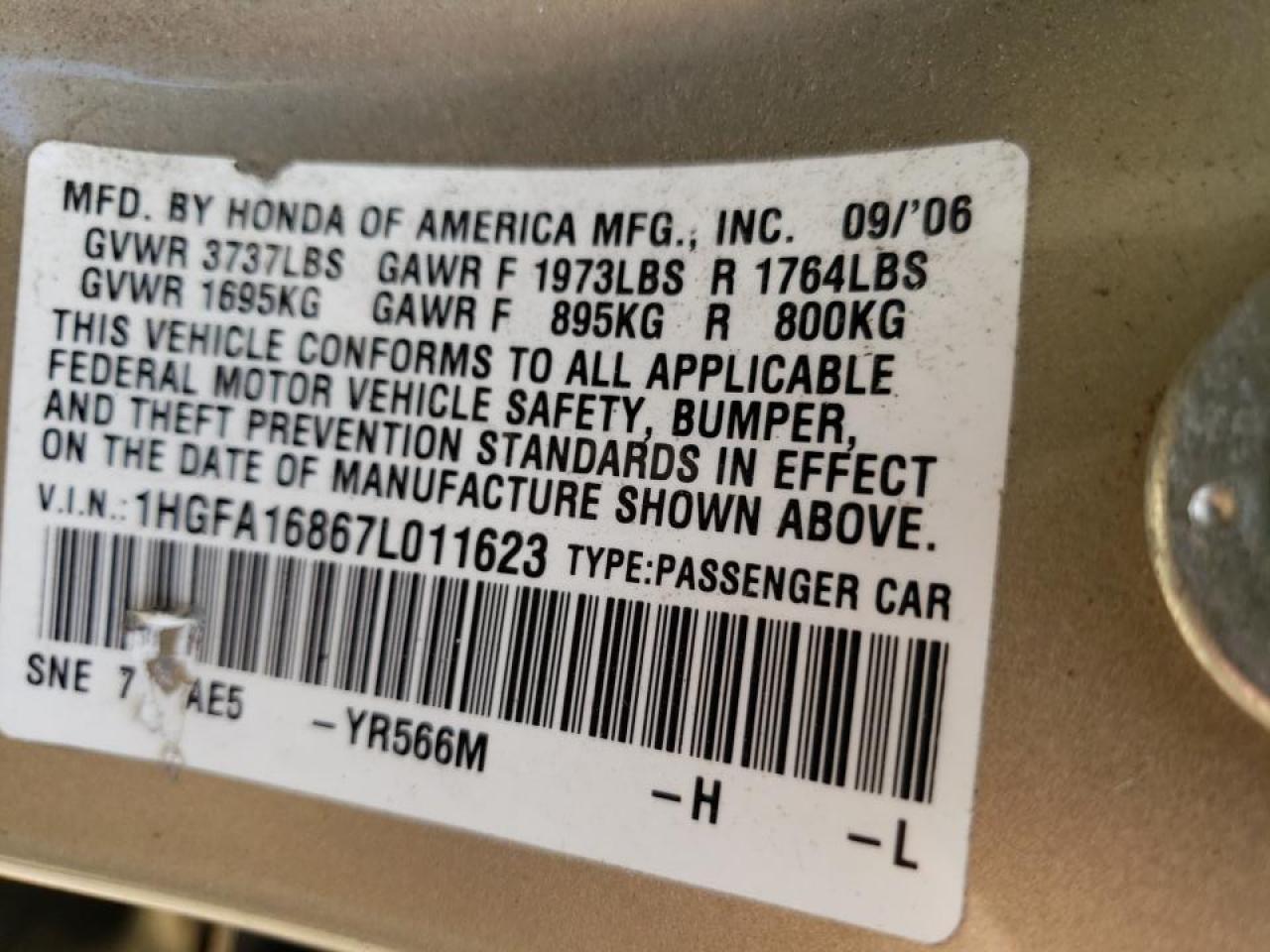 Photo 10 from auction – 2007 HONDA CIVIC EX with VIN 1HGFA16867L011623