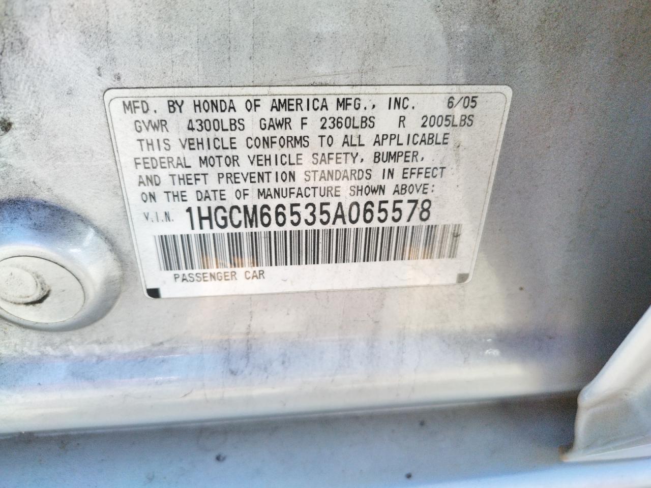 Photo 10 from auction – 2005 HONDA ACCORD EX with VIN 1HGCM66535A065578