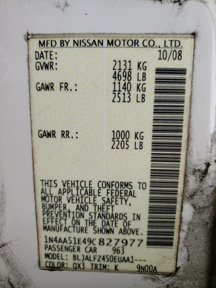 Photo 10 from auction – 2009 NISSAN MAXIMA S with VIN 1N4AA51E49C827977